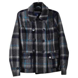 American Eagle Outfitters S/P Women's Wool Pea Coat Plaid Gray Blue